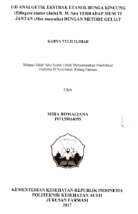 Image of Uji Analgetik Ekstrak Etanol Bunga Kincung (Etlingera Alatior (Jack) R. M. Sm) Terhadap Mencit Jantan (Mus Musculus) Dengan Metode Geliat